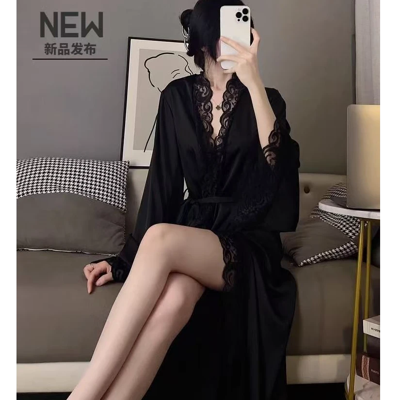 【黑色烨夏】爆款睡衣女性感睡袍长款四季薄款蕾丝纯欲风晨袍家居服