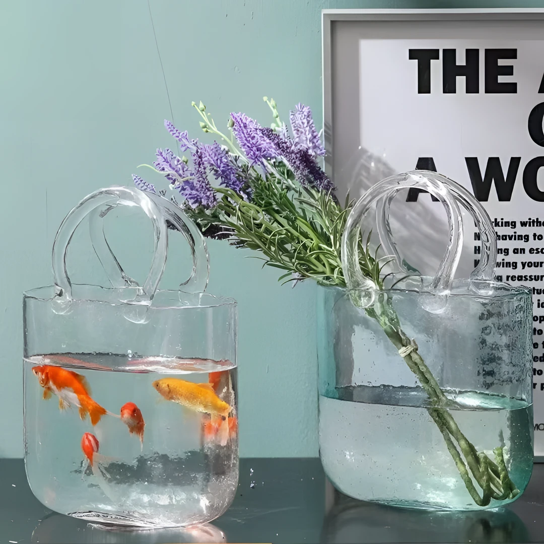 柚萝ins网红高档简约风创意透明手提包玻璃玻璃插花花瓶鱼缸插花