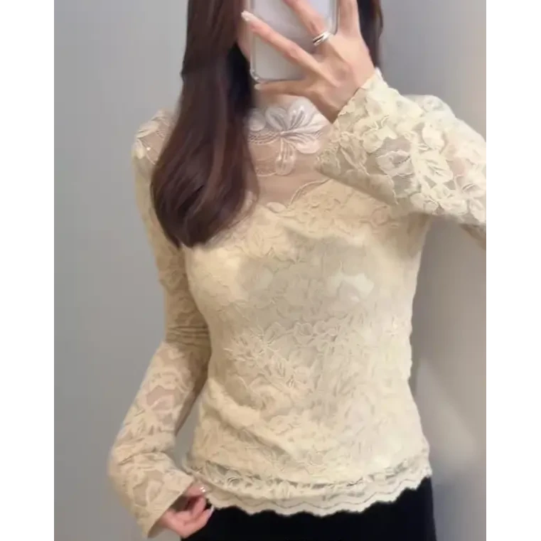 2025新款秋冬蕾丝轻奢风拼接T恤加绒洋气百搭修身显瘦镂空女1677