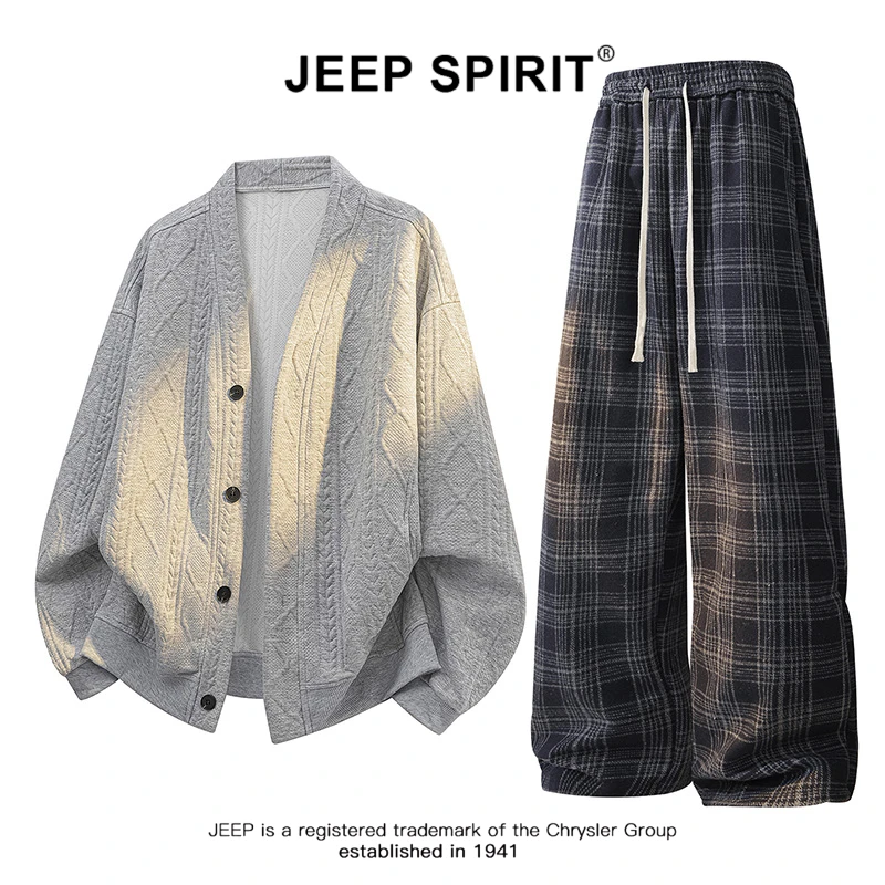 JEEPSPIRIT运动服套装男款春秋季25新款开衫毛衣休闲裤大码一整套