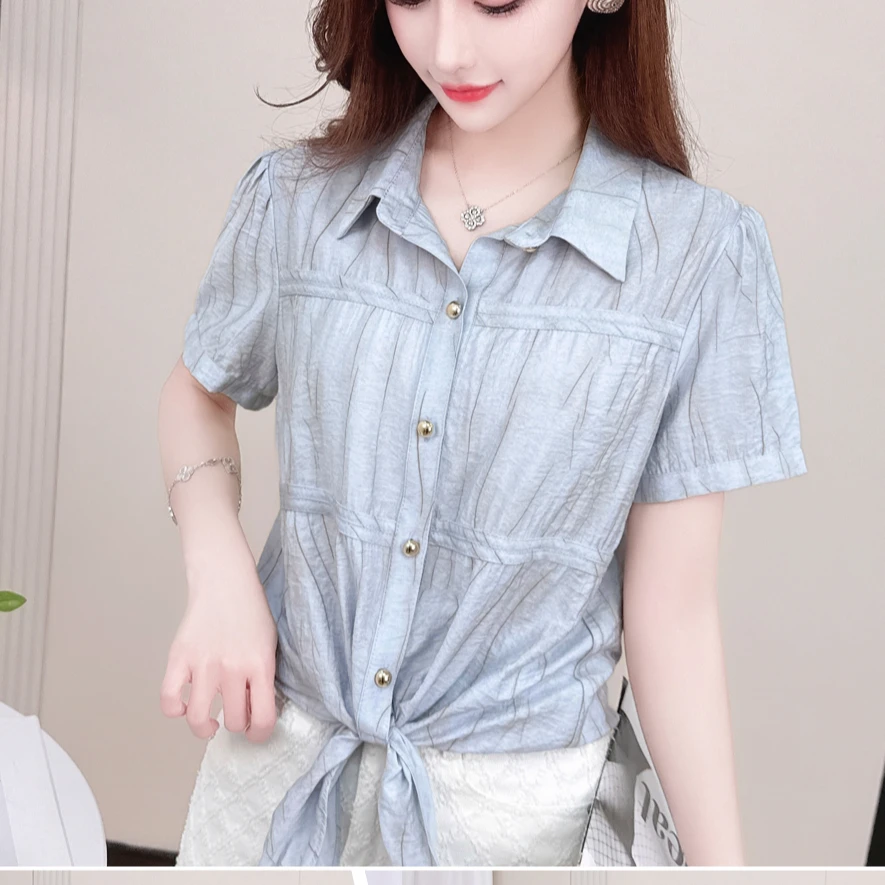 29505衣长52条纹翻领衬衫夏季上衣气质百搭下摆打结宽松短袖衬衣