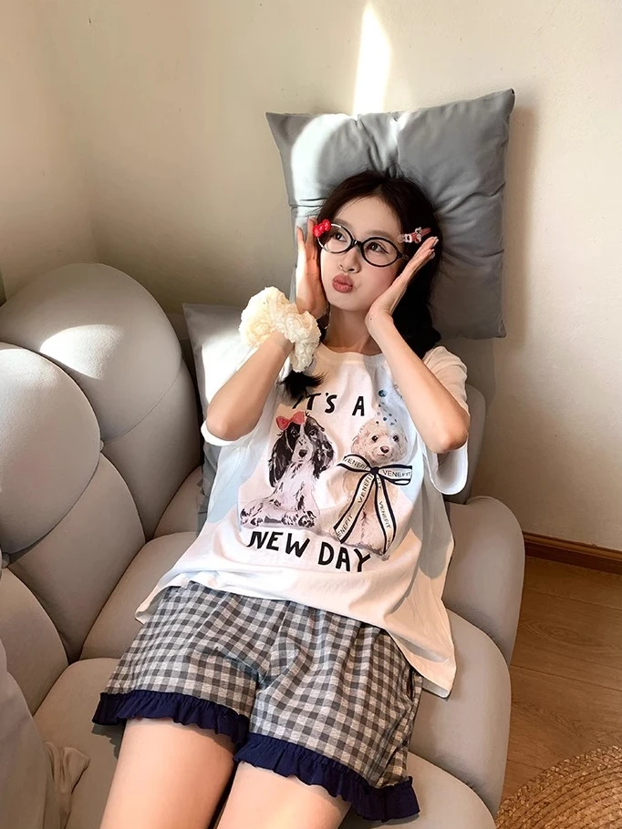 2025夏季小狗印花格子睡衣女学生休闲舒适宽松可外穿家居服套装