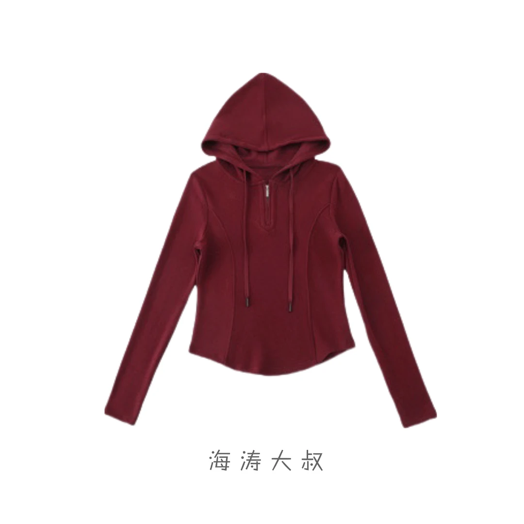 【海涛大叔】「糯米衫」桑蚕丝修身半拉链连帽打底衫