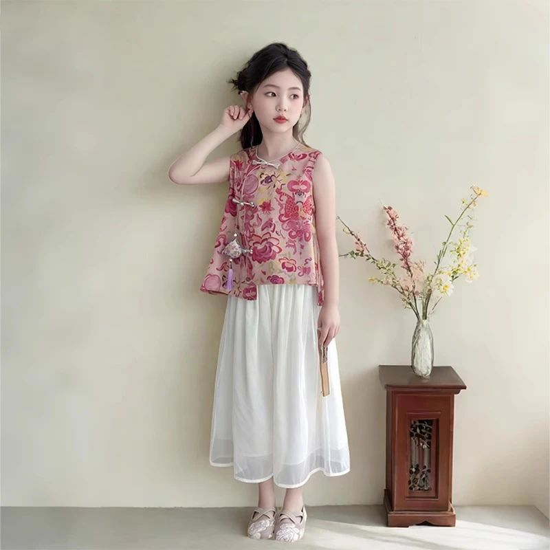 女童夏套装2025新款夏季国风背心阔腿裤唐装两件套唐装汉服儿童装