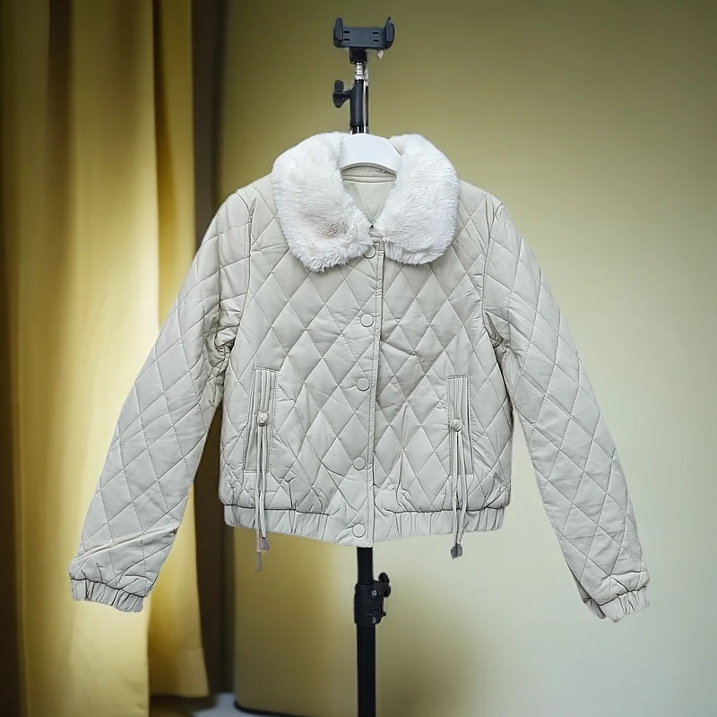 【素境】9065#加绒短外套2024秋冬新款菱格机车服百搭宽松衣长50