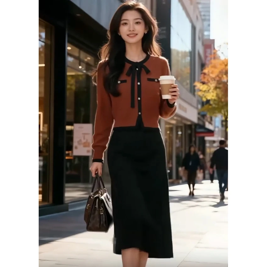 秋冬装搭配一整套高级感显瘦卡其色针织上衣搭黑色半身裙两件套女