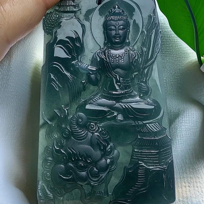 天然翡翠Ａ货蓝水山水文殊守护吊坠，尺寸77*47.9*8.5