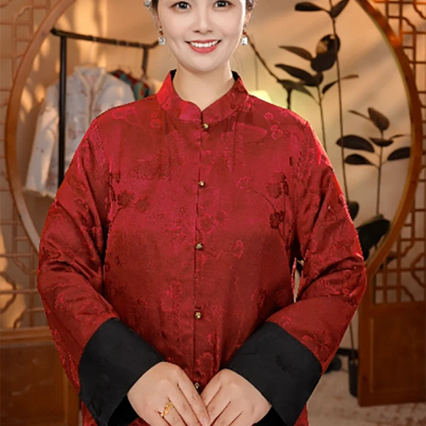 【云裳】时尚中式女士双面提花印花气质长袖衬衫上衣外套6809红色