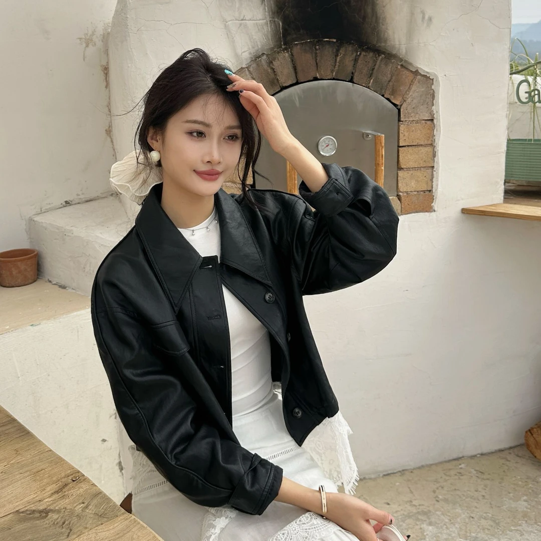 【墨尔本】复古港风气质短款皮衣98820