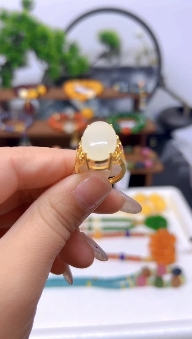 【闪购商品】和田玉戒指银S925镀金镶嵌戒指J95