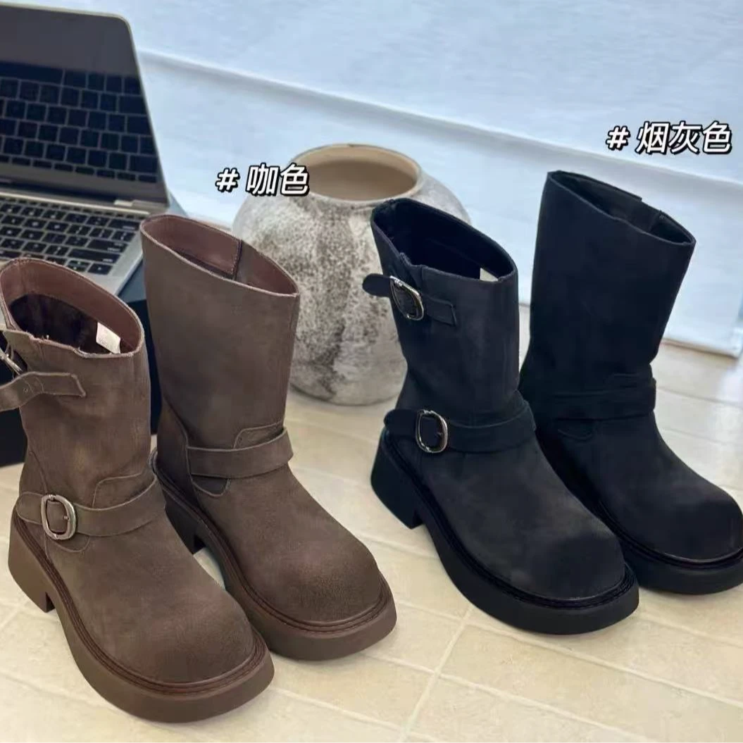 秋冬女套筒纯色马丁靴短筒骑士靴百搭厚底平底时尚Z9237