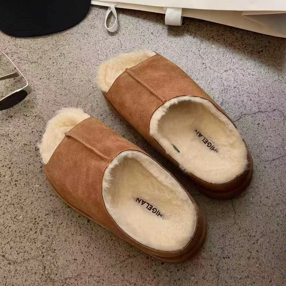 诗歌兰真皮女鞋2025秋冬款百搭厚底增高羊毛保暖一字外穿勃肯拖鞋