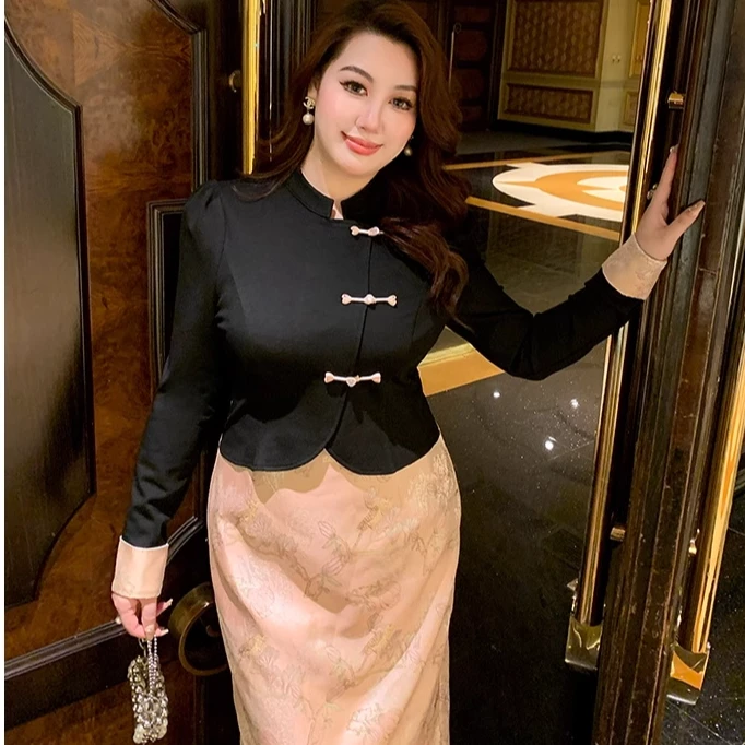 GLEC大码女装高端胖mm新中式复古提花设计感假两件气质时尚连衣裙