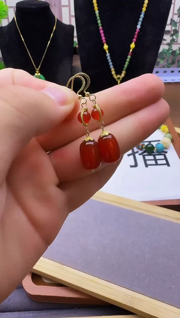 南红玛瑙14K金镶嵌耳饰E127