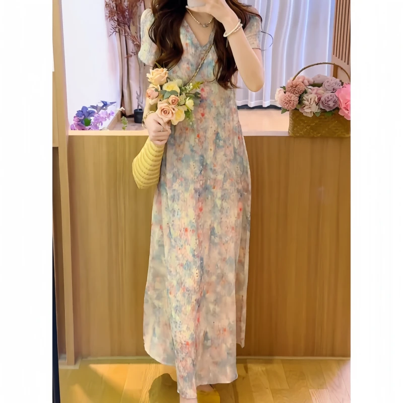 秋季时尚气质款甜美风温柔风连衣裙粉红长裙法式碎花休闲风连衣裙