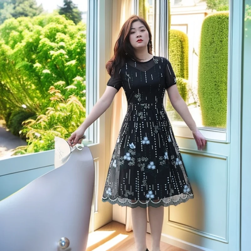 蕾丝绣花连衣裙碎花妈妈装#YB00783H-14时尚洋气显瘦连衣裙气质