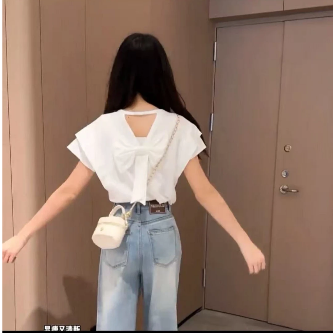 7141白色蝴蝶结飞飞袖T恤Z