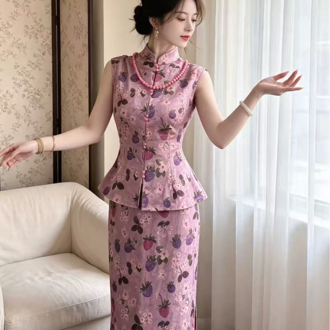 新中式旗袍女夏复古改良印花立领套装弹力网纱温柔两件套草莓甜心