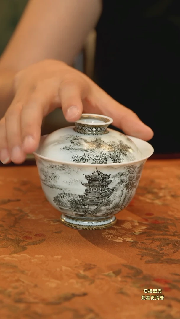 执***颜手绘墨彩岳阳楼盖碗