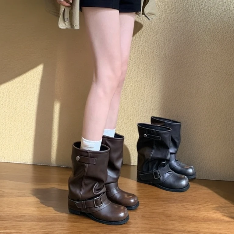 废土风厚底增高宽大筒围堆堆靴西部短靴女秋冬季新款高跟靴马丁靴