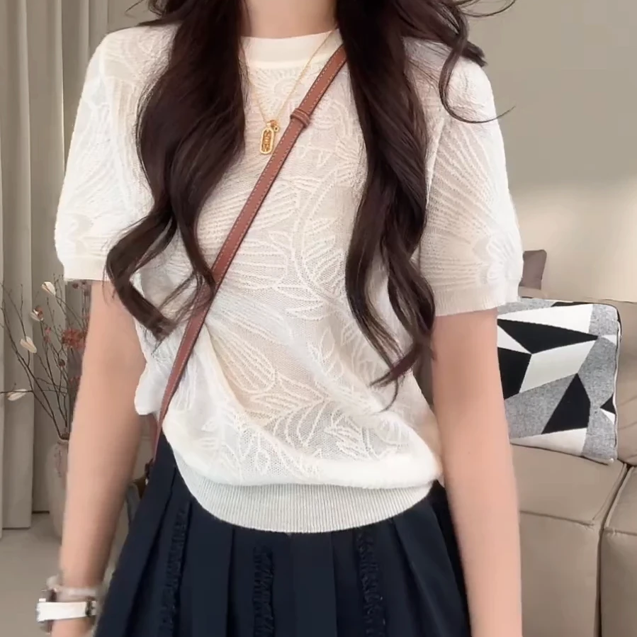 早秋新款时尚百搭气质镂空提花圆领针织衫上衣C5857