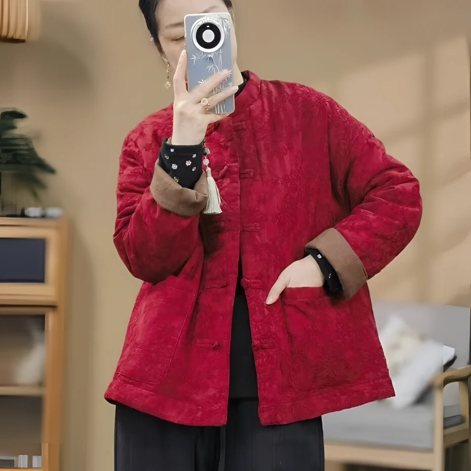 新中式复古盘扣亚麻炒色提花夹棉拜年棉服老钱风松弛感女装贵气