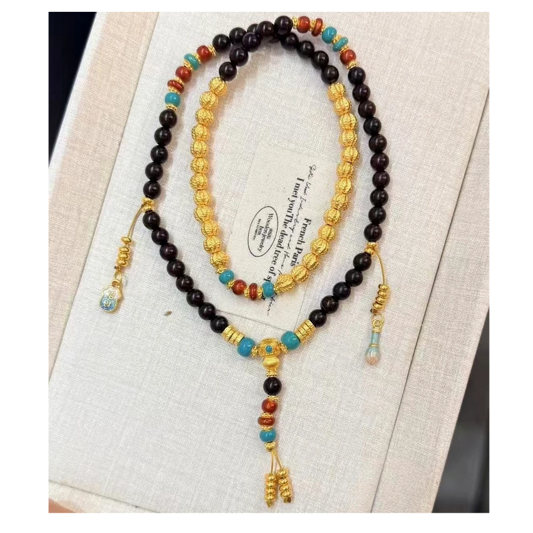 足金999 黄金文玩菩提三圈项链手串 搭配紫檀珠