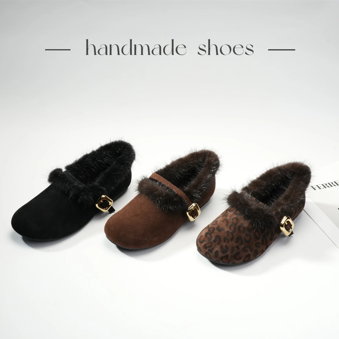 【Dhh】内增高3.5cm•羊反皮+水貂毛•圆头复古单鞋加绒毛毛鞋玛丽珍