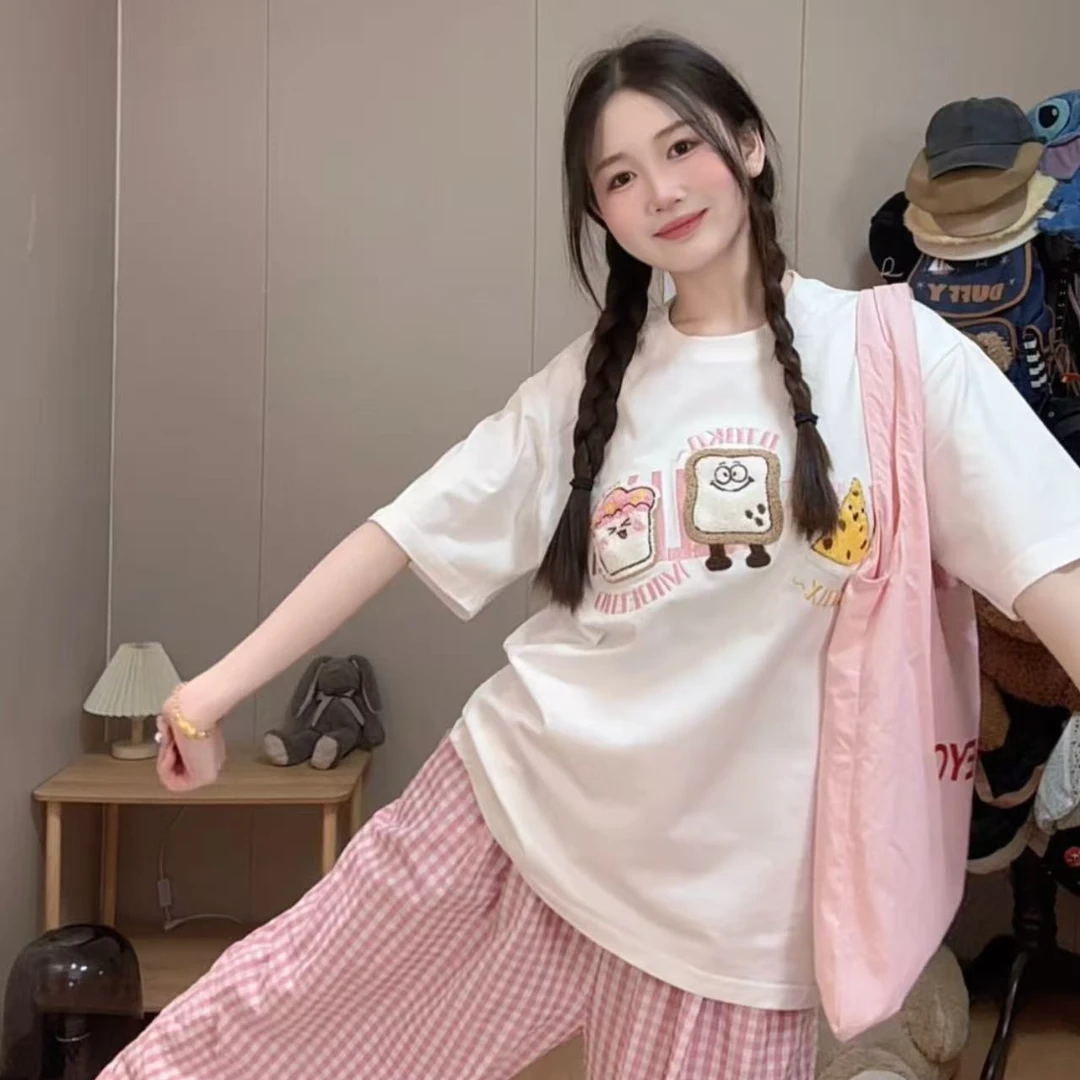 可爱童趣蛋糕刺绣酷丝棉夏季新款圆领百搭宽松情侣上衣#MM0319