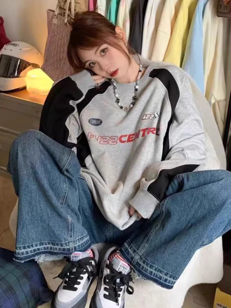 美式复古oversize卫衣女2025爆款春季薄款小众设计圆领打底上衣