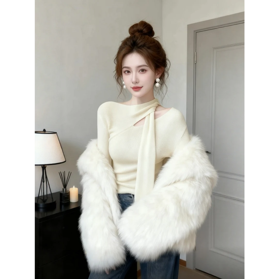 纯色不对称挂脖飘带修身打底针织衫女2025秋冬季巨好看设计感上衣