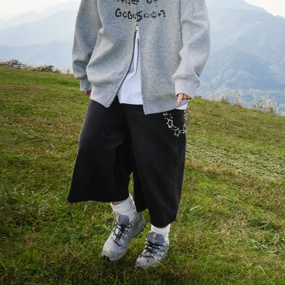 GOGOSOON黑色洗水七分裤牛仔裤女春夏新款美式复古宽松阔腿裤中裤