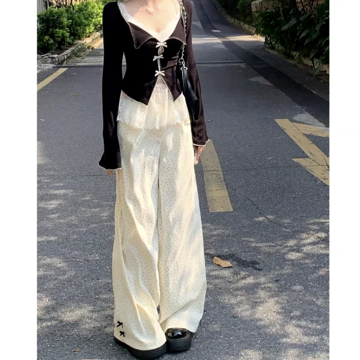 【A9590墨丽】2024秋季宽松百搭休闲波点纯欲长裤