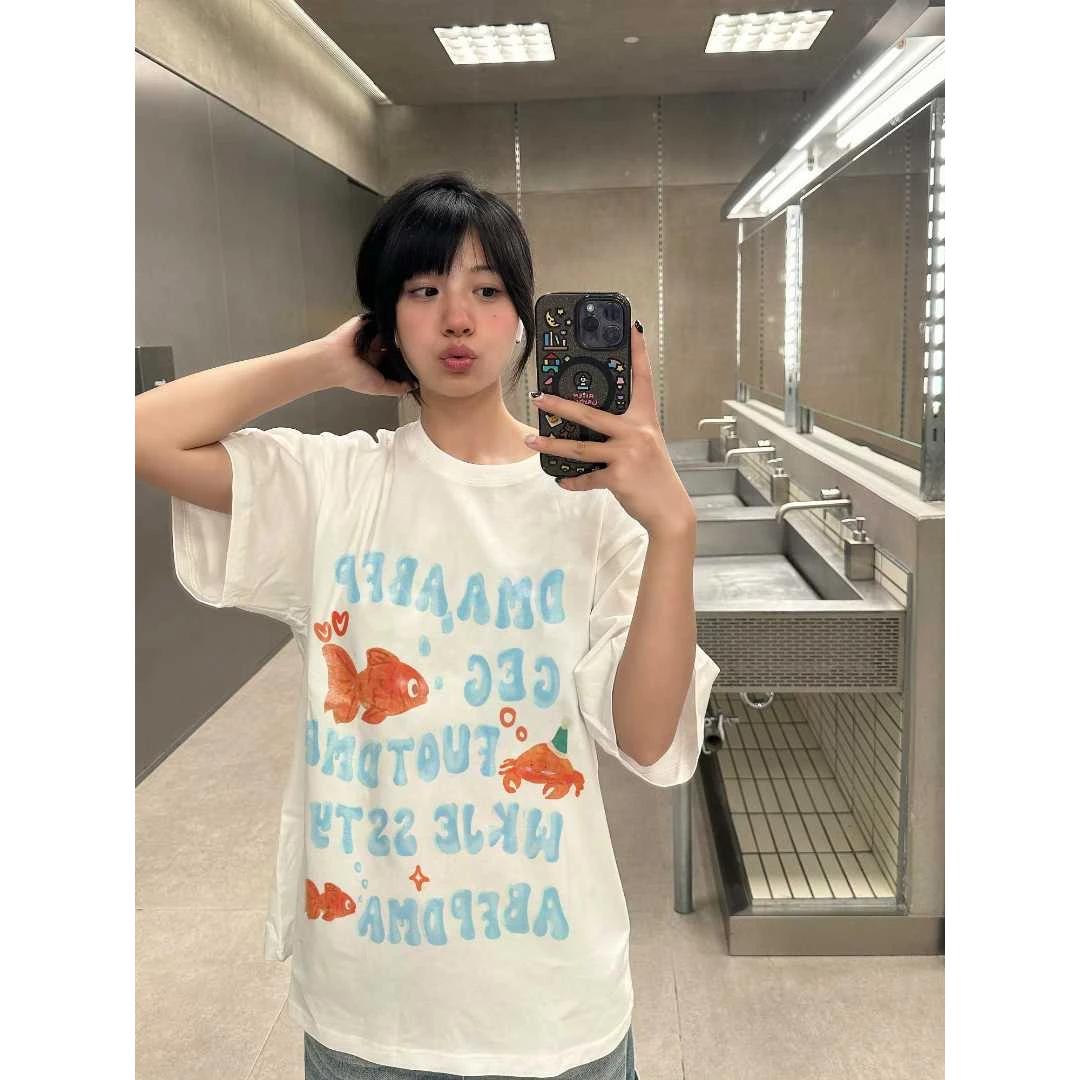 夏季圆领短袖t恤女宽松显瘦韩版简约多巴胺衣服学生多色上衣