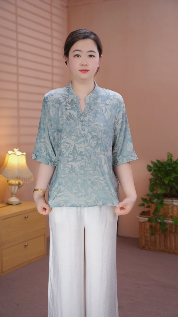 2025夏季新款休闲中老年百搭时尚洋气显气质显瘦蓝色提花妈妈装
