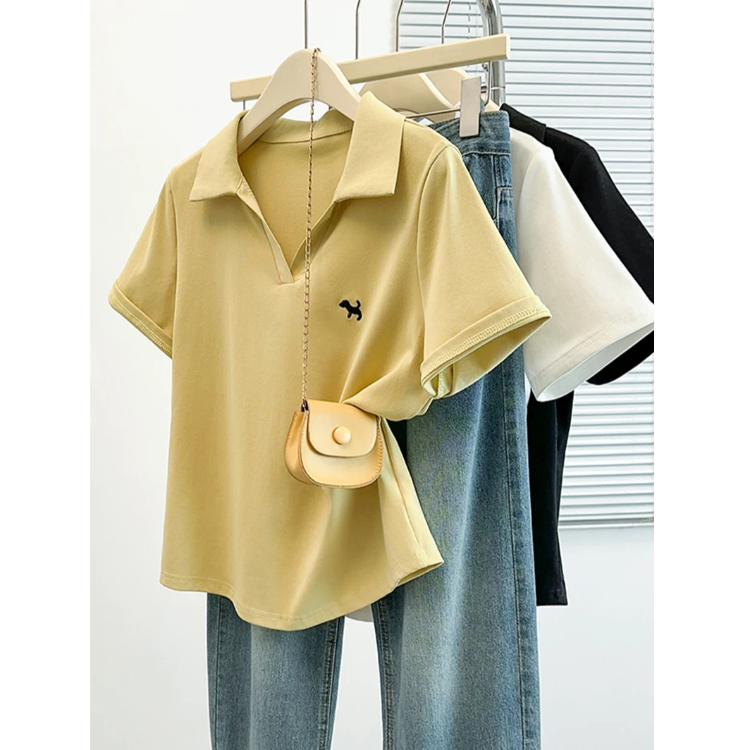 2025夏季新款大码设计感卡通刺绣polo领短袖T恤女胖妹妹简约上衣