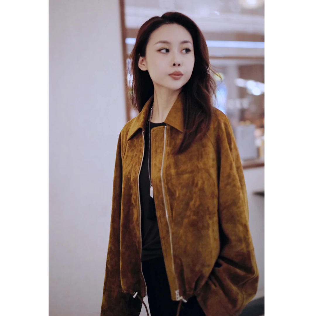 韩版宽松皮衣女2025秋冬新款短款棕色复古翻领气质休闲夹克外套