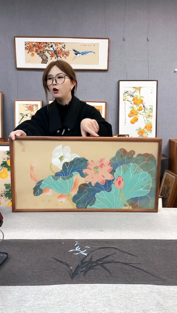 【闪购商品】国画唐以宁-纯手绘带框作品-35*68-荷花