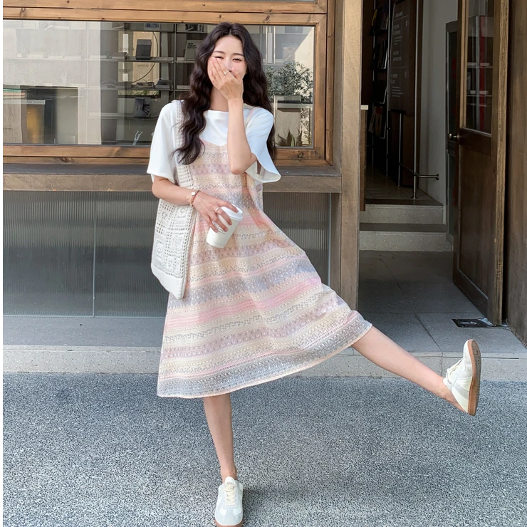 粉色甜美设计感小清新假两件t恤裙女夏新款条纹拼接小个子连衣裙