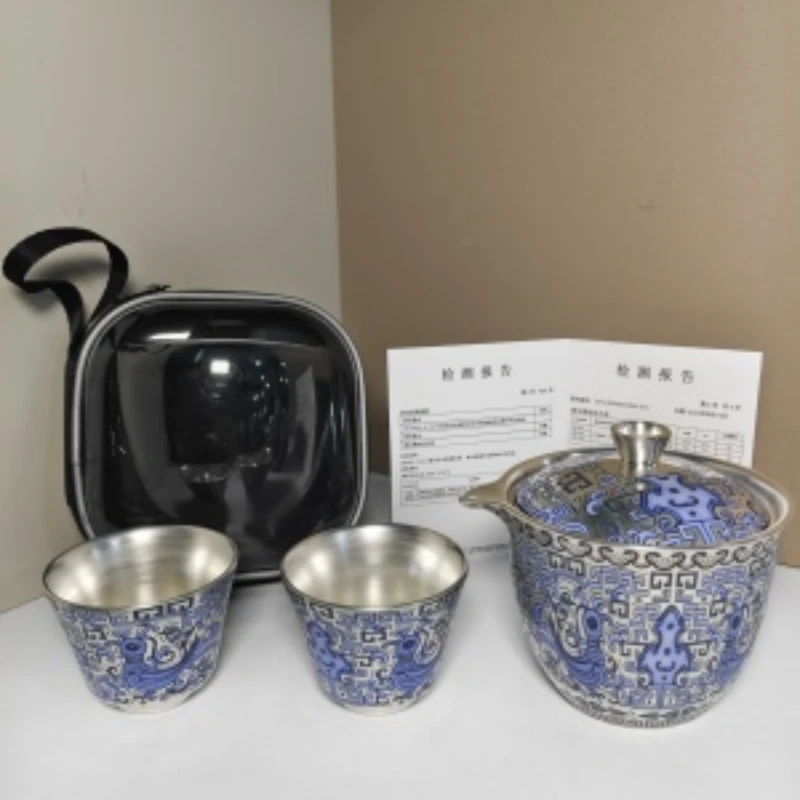 天命玄鸟鎏银一壶两杯旅行茶具KK0659