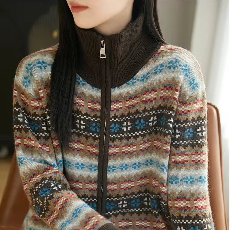 费尔岛复古高级感！羊毛宽松重工加厚保暖拉链提花开衫597