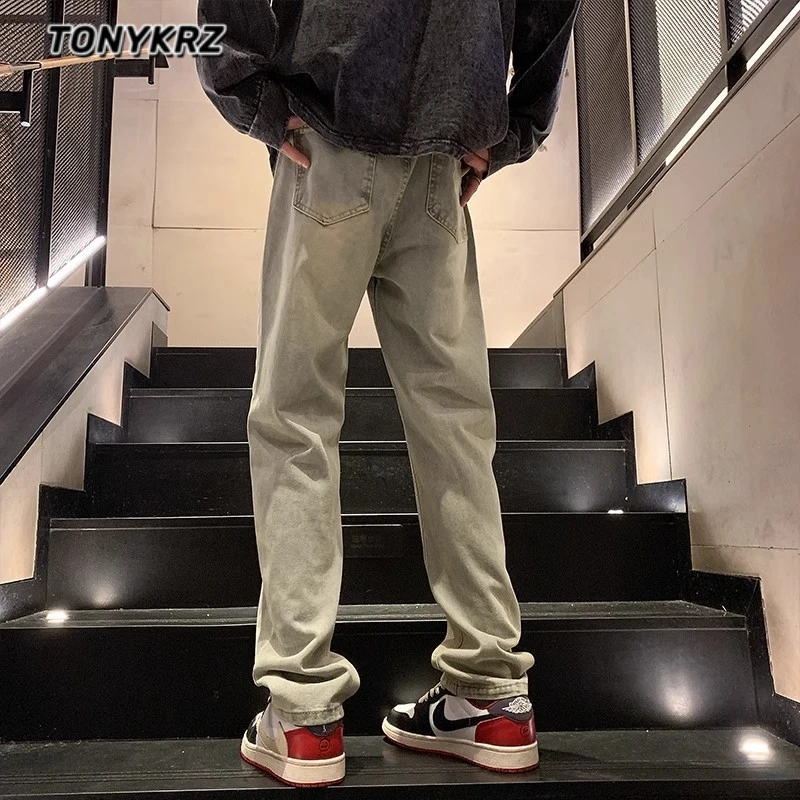 TONYKRZ黄泥牛仔裤男女美式高街直筒网红男裤帅气微喇裤子潮百搭