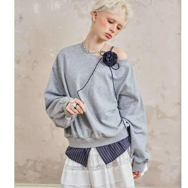DIDDI MODA 斜肩假两件花朵长袖卫衣