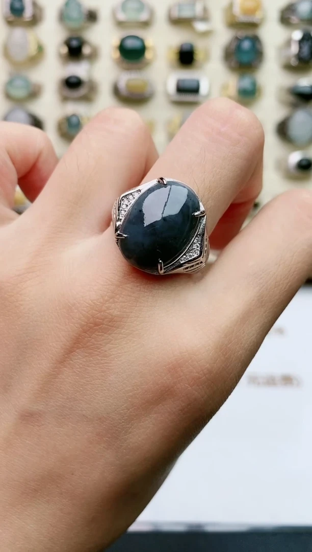 翡翠戒指银S925镶嵌天然翡翠男戒