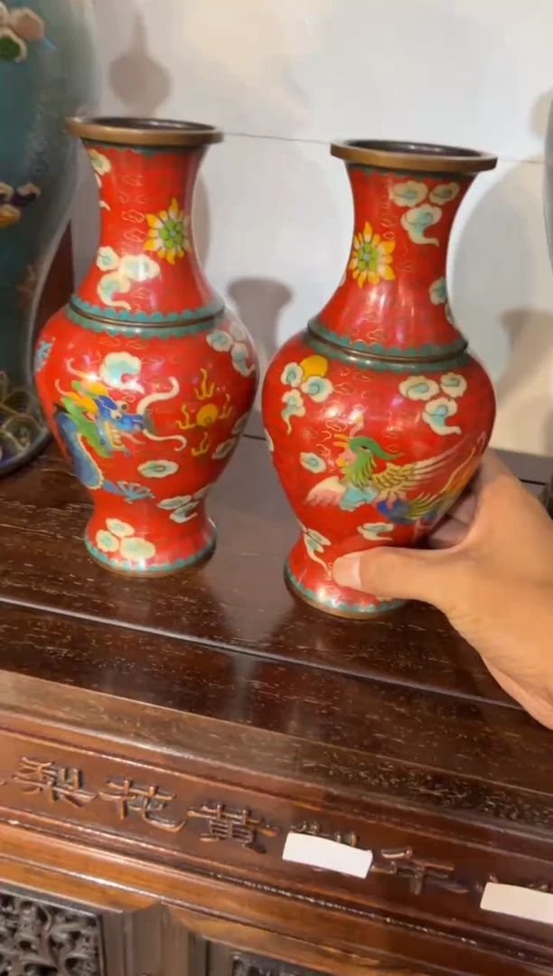 木木头款景泰蓝龙凤红瓶一对980