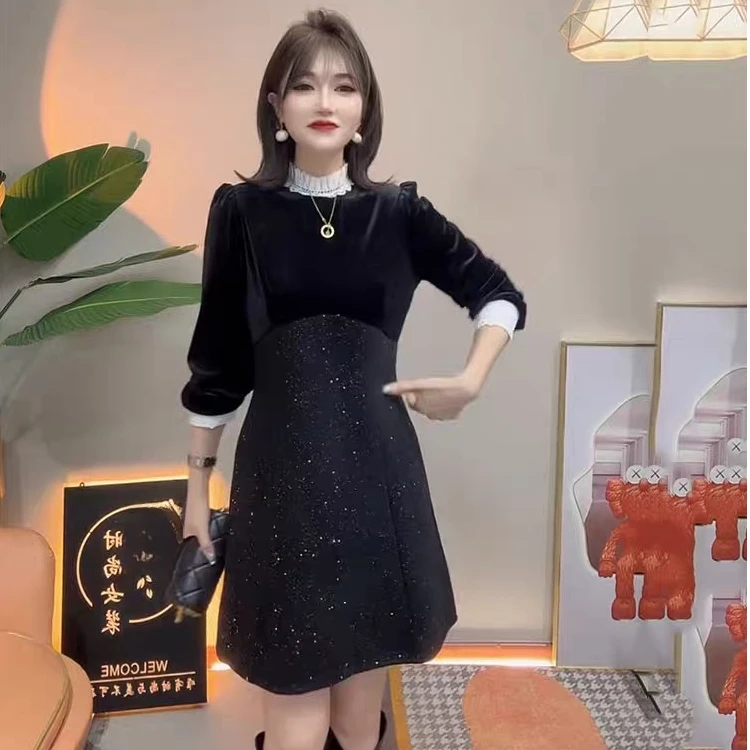 522 丝绒拼接连衣裙法式洋气显瘦