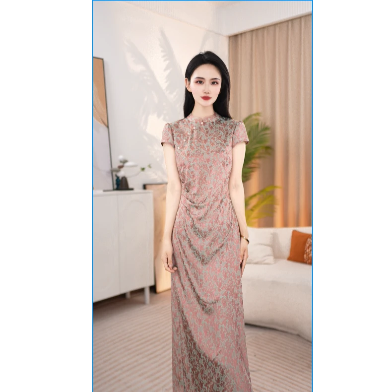 包臀裙日常短袖提花新中式旗袍印花中式长款复古修身连衣裙25B036