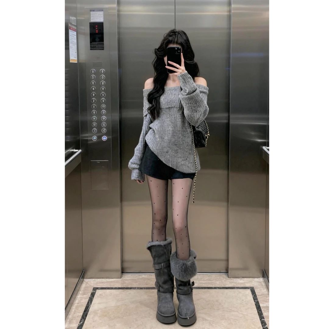 2025秋季新款韩系慵懒风灰色一字肩针织衫女软糯慵懒宽松显瘦上衣