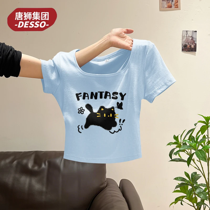 唐狮集团desso方领T恤女夏2025高弹凉感短袖辣妹装ins风短款上衣