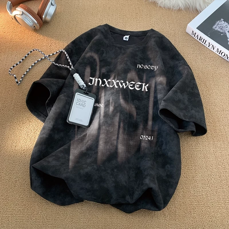 美式扎染T恤男夏季潮流高街百搭印花潮男上衣青少年免烫休闲短袖